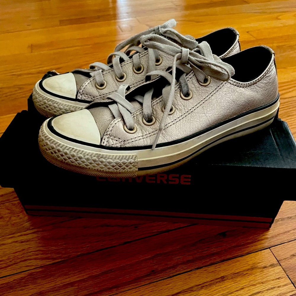 Metallic gray, low top, Converse Chuck Taylors. Women size 5.